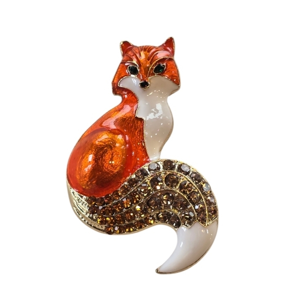 Fox Orange Enamel Goldtone Rhinestone Brooch Pin